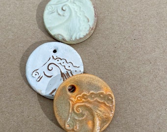 3 Handmade Ceramic Horse Pendants - Large Rustic Stoneware Focal Beads with Celtic Horse- Earthy Brown Rust Orange Pottery - Handmade Charms