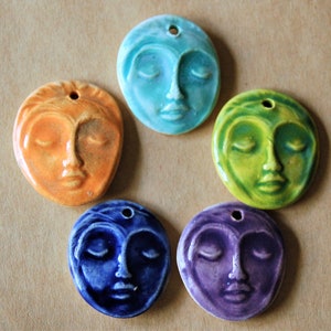 5 Handmade Ceramic Pendants - Face Beads - Meditation Goddess Focal Pendants for Yoga Jewelry, malas and meditation Supplies