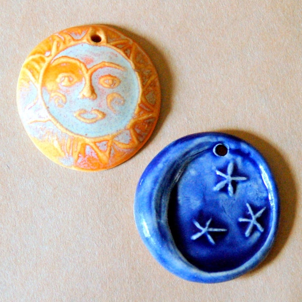 2 Handmade Ceramic Beads - Golden Sun and Deep Blue Moon