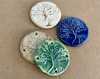 Extra Large Tree of Life Focal Bead in Rustic Glazes - Large Handmade Stoneware 4 Holed Centerpiece for Macrame Hanging or Dreamcatcher