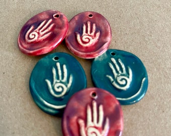 5 Handmade Ceramic Hamsa Pendants - Stoneware Beads with a Hand - Sale set of Clay Spiral Hand Charms in Denim and Magenta