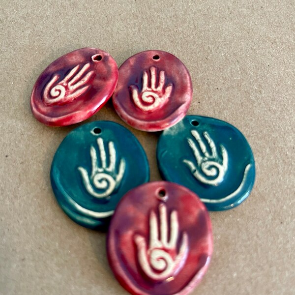 5 Handmade Ceramic Hamsa Pendants - Stoneware Beads with a Hand - Sale set of Clay Spiral Hand Charms in Denim and Magenta