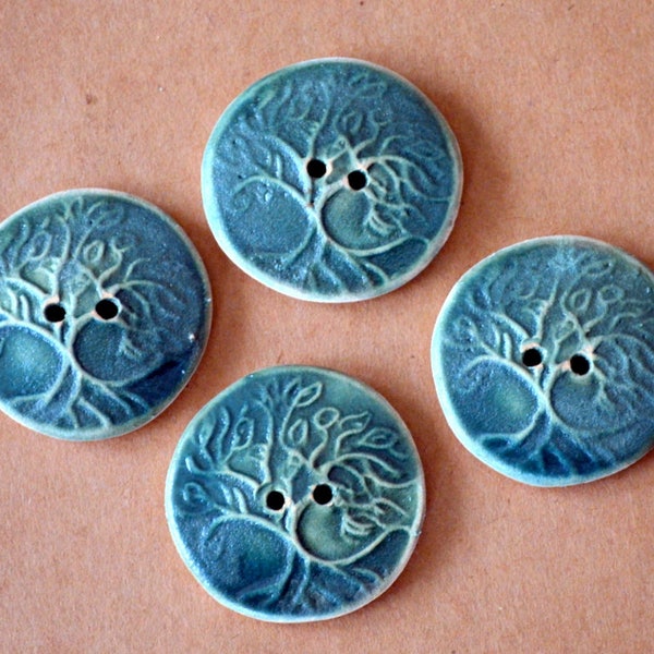 4 Handmade Buttons - Large Tree of Life Buttons in Stoneware - Unique Focal Buttons in Moss Green