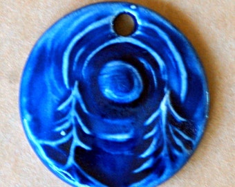 Deep Blue Midnight Forest Ceramic Bead - Pendant Bead with Extra Large Hole