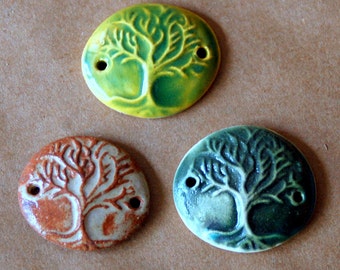 3 Handmade Ceramic Beads -  Celtic Tree of Life Bracelet Beads - Link or Connector beads in Green and Rust Glazes