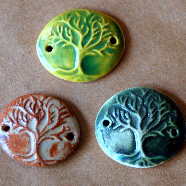 3 Handmade Ceramic Beads -  Celtic Tree of Life Bracelet Beads - Link or Connector beads in Green and Rust Glazes