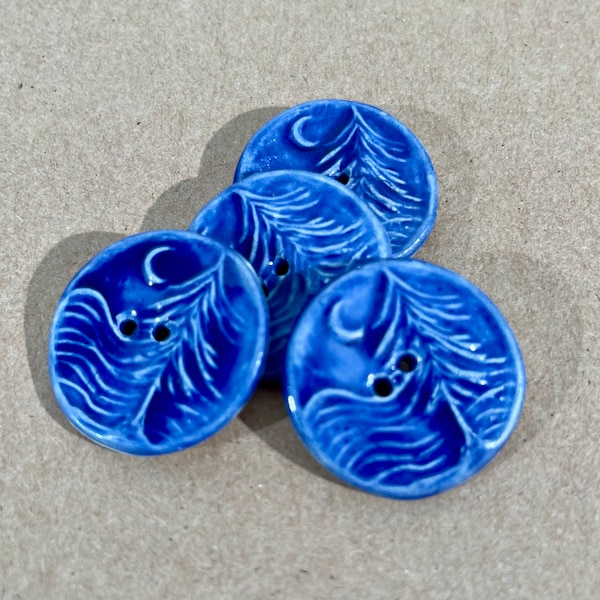 4 Handmade Ceramic Buttons - Moon over Cedar Buttons -  Rich Blue Tree Buttons in Stoneware Clay - Forest Themed Focal Buttons