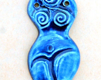 Handmade Ceramic Goddess Bead - Venus Blessingway Bead in Bold Blue - Handmade Stoneware Goddess Pendant