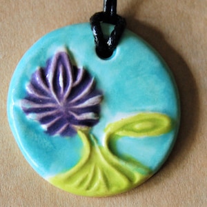 Handmade Ceramic Pendant with a Handpainted Lotus - Yoga Jewelry - Wedding Jewelry - Mindfulness Jewelry - Aromatherapy Diffuser