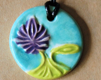 Handmade Ceramic Pendant with a Handpainted Lotus - Yoga Jewelry - Wedding Jewelry - Mindfulness Jewelry - Aromatherapy Diffuser