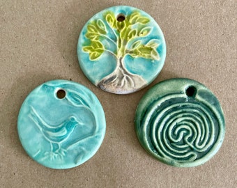 3 Handmade Ceramic Spring Themed Pendants - Large Rustic Stoneware Focal Beads with Labyrinth, Bird, and Tree of Life - Pottery Charms