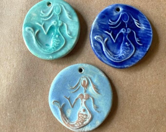 3 Handmade Mermaid Beads - Ceramic Mermaid Pendants in Rustic Sky Blue, Aqua and Blue - Ocean Themed Handmade Pendants - Mermaid Charm