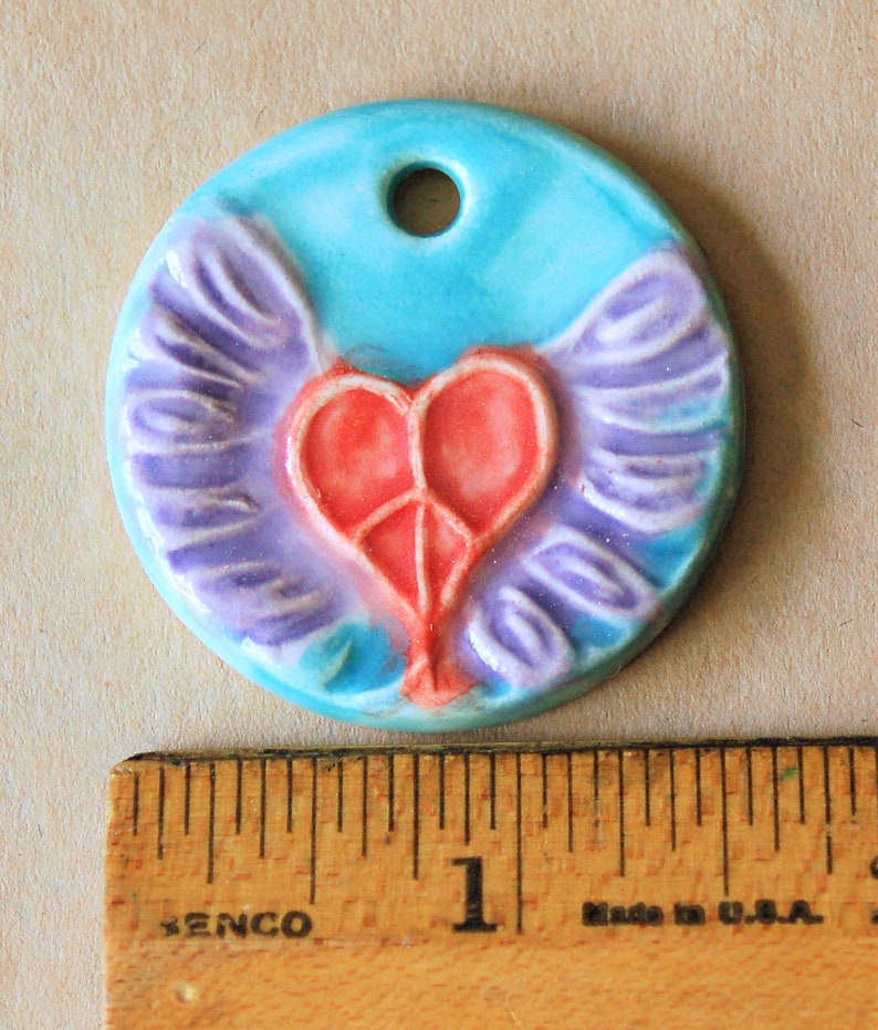 Large Hand painted Ceramic Pendant with Winged Peace Sign Heart Peace Takes Flight Hippie Style with Love and Good Vibes Boho Focal