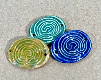 3 Handmade Ceramic Labyrinth Beads - Large Labyrinth Bracelet Beads - Celtic Clay Connector Links - Handmade Jewelry Supplies