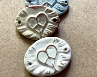 3 Ceramic Sufi Heart Link Beads - 2 Holed Bracelet Beads - Rustic Heart Links of Neutral, Rust and Rustic Sky Blue - Clay Connector Beads