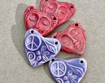 5 Handmade Ceramic Heart Pendants - Stoneware Clay Beads with Meditation Face and Peace Signs - Heart Shaped Handmade Charms