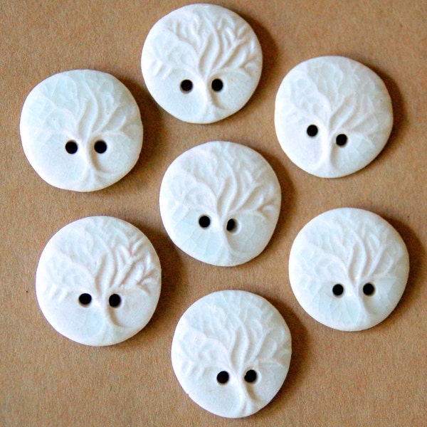 7 Handmade Ceramic Buttons in White - Tree of Life Buttons - Small Size