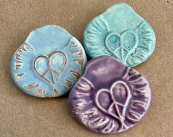 3 Handmade Ceramic Charms - Pinch Top Stoneware Sufi Heart Pendants - Rustic Winged Heart Beads - Craft Supplies for Primitive Art