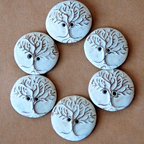 6 Handmade Ceramic Buttons - Tree of Life buttons in Neutral Stoneware - Perfect for Button Bracelets - Handmade Knitting Supplies