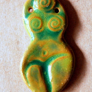 Handmade Stoneware Goddess bead- Venus of Willendorf in Green glaze over brown stoneware clay - Blessingway Gift