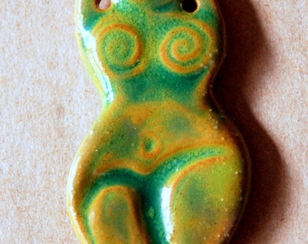 Handmade Stoneware Goddess bead- Venus of Willendorf in Green glaze over brown stoneware clay - Blessingway Gift