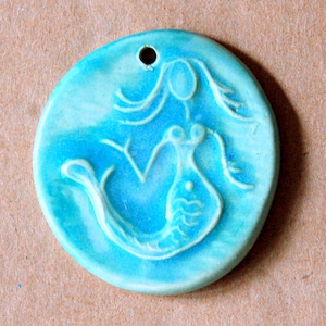 Handmade Ceramic Mermaid Bead - Mermaid Pendant in Light and Bright Aqua Blue for Ocean Boho Creations - Macrame Supplies