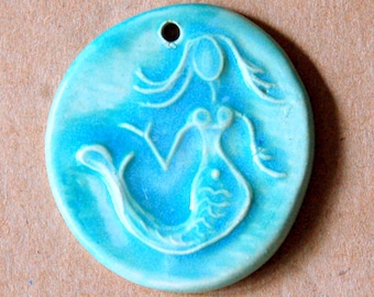 Handmade Ceramic Mermaid Bead - Mermaid Pendant in Light and Bright Aqua Blue for Ocean Boho Creations - Macrame Supplies