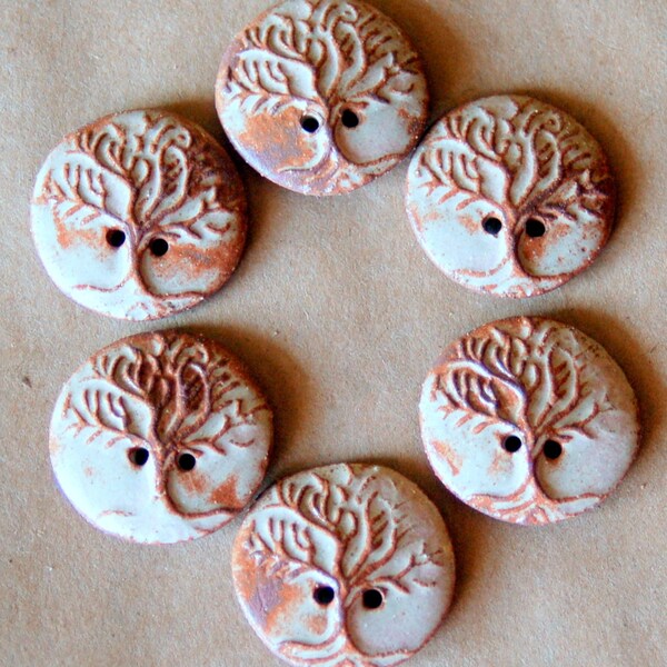 6 Handmade Stoneware Buttons - Tree of Life Buttons in Rustic Rust