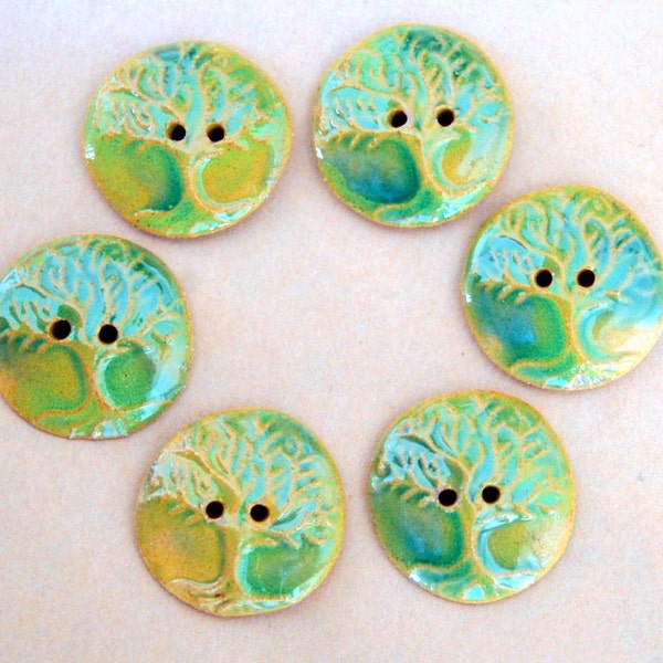 6 Handmade Stoneware Buttons - Tree of Life Buttons in a Brown stoneware with Light and Bright Green Gloss