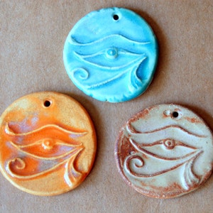 3 Handmade ceramic beads Eye of Horus in rustic and earthy natural glazes great for stoneware pendants image 1