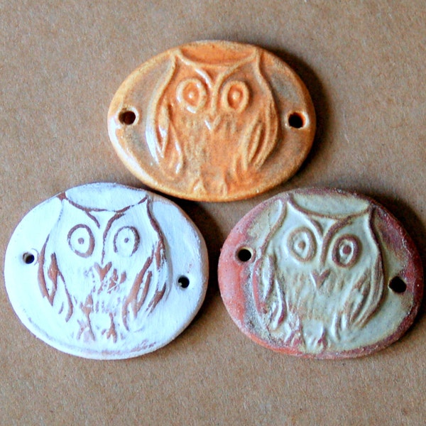 3 Handmade Ceramic Owl Beads - Sweet Set of Owl Bracelet Links - Folk Art Owl Beads - Stoneware Connectors - Clay Links - Handmade Supplies