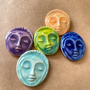 5 Handmade Ceramic Faces - Blissful Face Mosaic Tiles - Goddess Cabochones - Handmade Clay Meditation Face Tiles - Yoga Jewelry Supplies