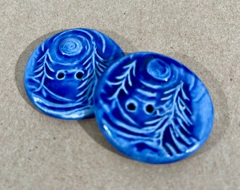 2 Ceramic Forest Buttons in Blue - Handmade Artisan Extra Large Buttons made of Stoneware with Rich Blue Glaze -  Focal Buttons for Fiber