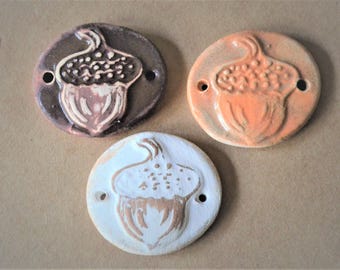 3 Handmade Ceramic Acorn Beads - Sweet Set of Bracelet Links - Folk Art Acorns - Stoneware Connectors - Handmade  Macrame  Hemp Supplies -