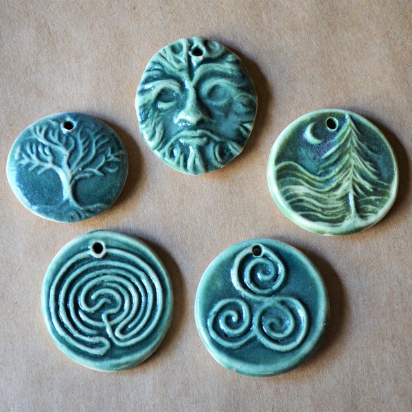 5 Handmade Ceramic Beads in Deep Moss Green  - Celtic Pendants and  Charms - Greenman Pendant - Tree of Life Focals for Christmas Gifts