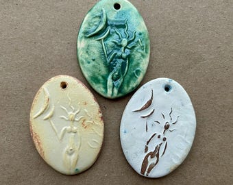 3 Handmade Goddess Pendants - Ceramic Goddess - Clay Venus Pendants - Blessingway Beads - Green Goddess Focals for Spiritual Jewelry - Sale