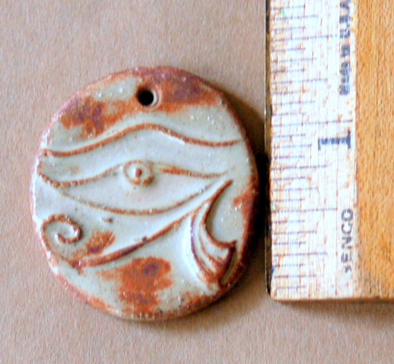 3 Handmade ceramic beads Eye of Horus in rustic and earthy natural glazes great for stoneware pendants image 2