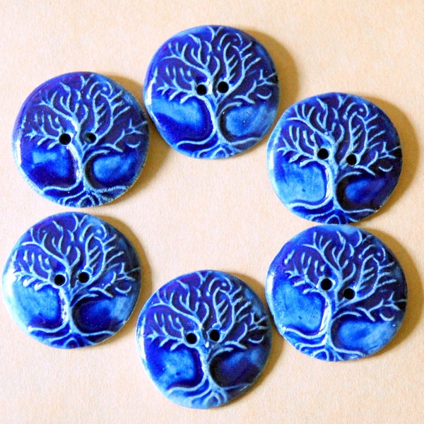 6 Handmade Ceramic Buttons - Rich Blue Tree of Life Buttons - Stoneware Buttons - Knitting Supplies - Blue Buttons - Button Bracelet