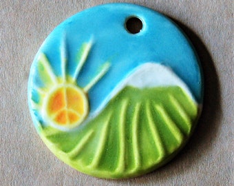 Peace is Rising - Large Hand painted Ceramic Pendant with Mountain Landscape and Peace Sun - Hippie Style with Love and Good Vibes