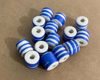 14 Blue and White Ceramic Beads - Vintage large holed barrel beads - macramé or hemp supplies - boho midcentury beads