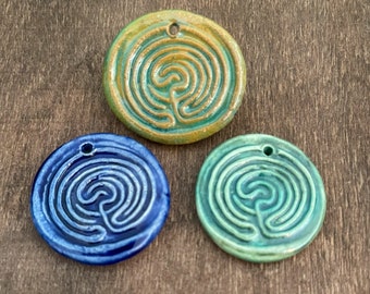 3 Handmade Ceramic Labyrinth Pendants - Large Celtic Labyrinth Beads - Artisan Stoneware Focal Pendant with a Labyrinth
