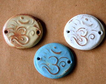 3 Handmade Ceramic Om Beads - Sweet Set of Bracelet Om Connectors - Om Link Beads in Rustic Glazes - Yoga Jewelry Supplies