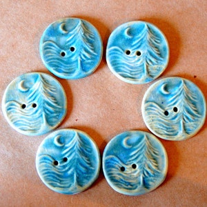 6 Handmade Ceramic Buttons Moon over Cedars Buttons in Sky Blue Stoneware image 1