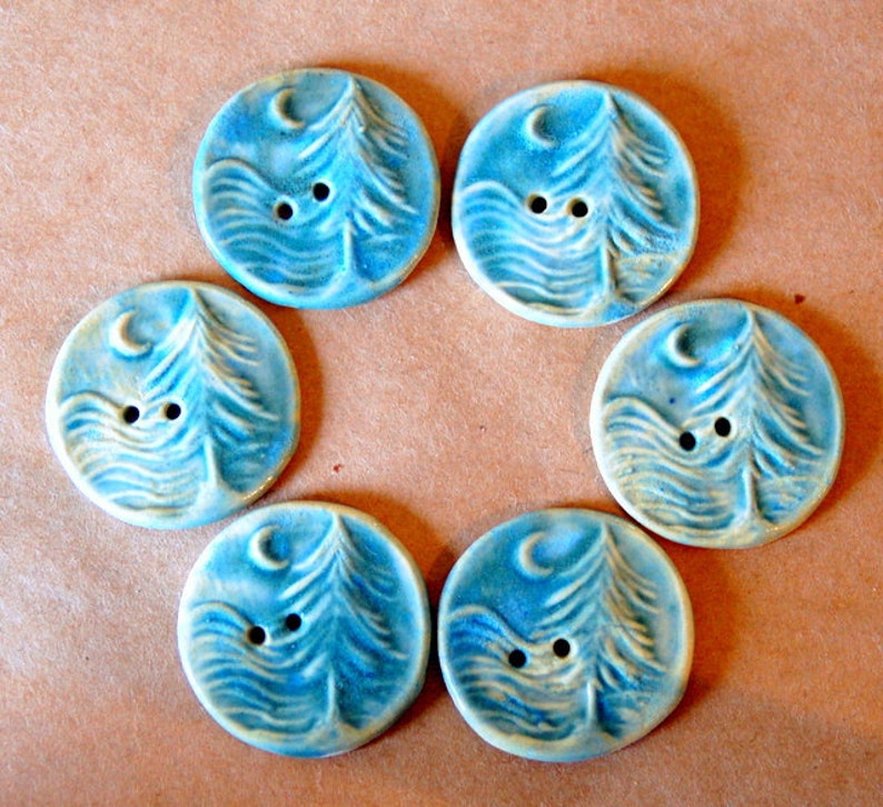 6 Handmade Ceramic Buttons Moon over Cedars Buttons in Sky Blue Stoneware image 1