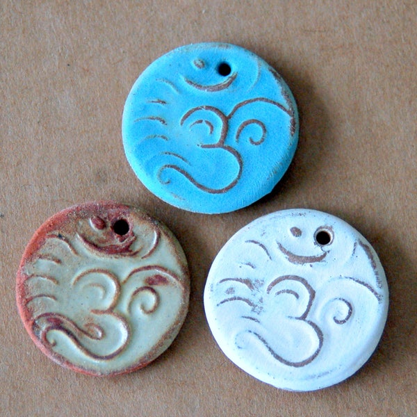 3 Ceramic beads - Om Pendants in Rustic glazes  - Handmade Jewelry Supplies - Ancient Namaste symbol for Meditation and Serenity -