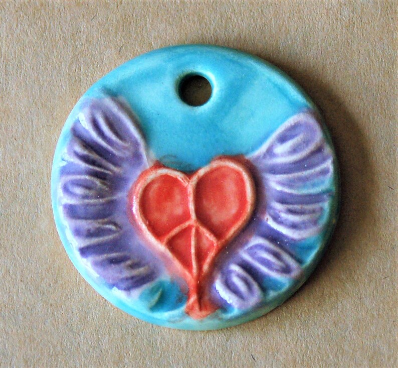 Large Hand painted Ceramic Pendant with Winged Peace Sign Heart Peace Takes Flight Hippie Style with Love and Good Vibes Boho Focal