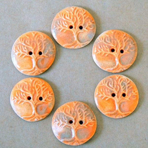 6 Handmade Stoneware Buttons - Tree of Life Buttons in an Autumn Orange Gloss