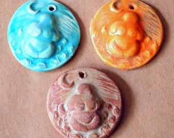 3 Handmade Ceramic Beads - Moon Goddess Pendants - Stoneware Goddess beads in Summer Colors - Earth Mother Venus in rust, orange and aqua