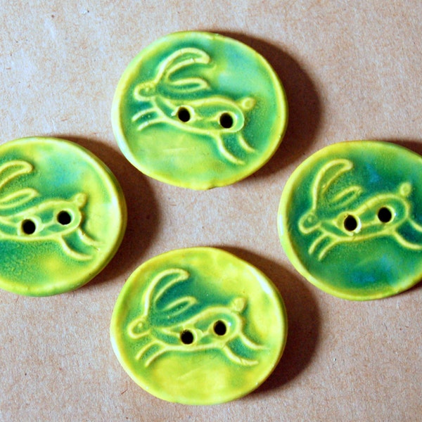 4 Handmade Ceramic Buttons -  Leaping Hare Buttons - Sweet Rabbit Buttons in Bright Spring Green