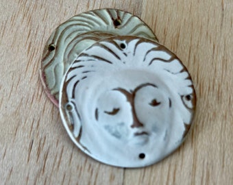 2 Extra Large Face Focal Beads in Rustic Neutral and Rust - Large Handmade Stoneware 4 Holed Centerpiece for Macrame Hanging or Dreamcatcher